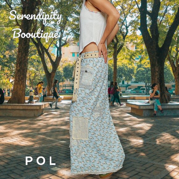 POL Boho Pastels with a Grunge Flare Patchwork Floral Raw Edge Denim Jean Skirt - Picture 1 of 8